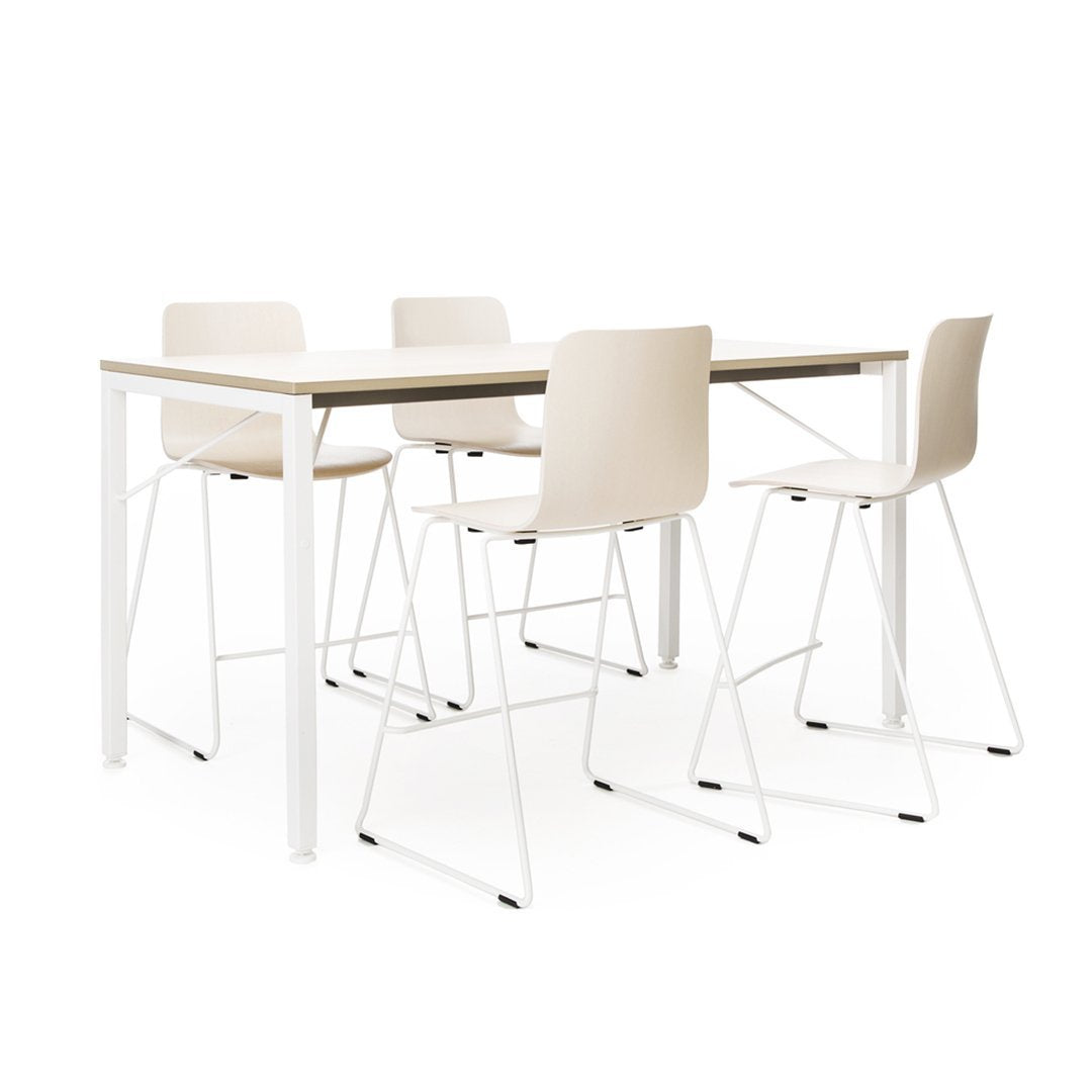 Modern white dining table and chairs with a sleek design, featuring a natural wood tabletop and light beige seats.