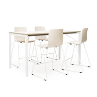Modern white dining table and chairs with a sleek design, featuring a natural wood tabletop and light beige seats.