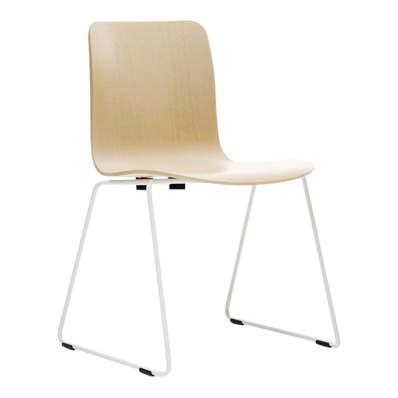 Light wood chair with a smooth natural finish and a minimalist white metal base, showcasing a simple, modern design.