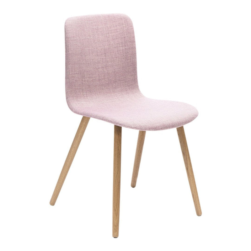 Soft pink upholstered chair with a minimalist design and light wooden legs, featuring a subtle textured fabric.