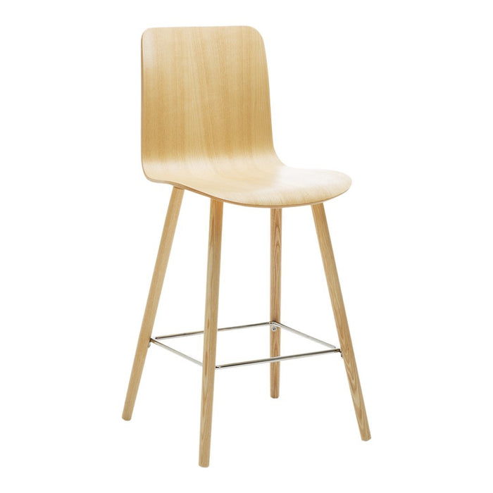 Light natural wood bar stool with smooth finish and minimalist design, featuring a simple wooden seat and slender legs.