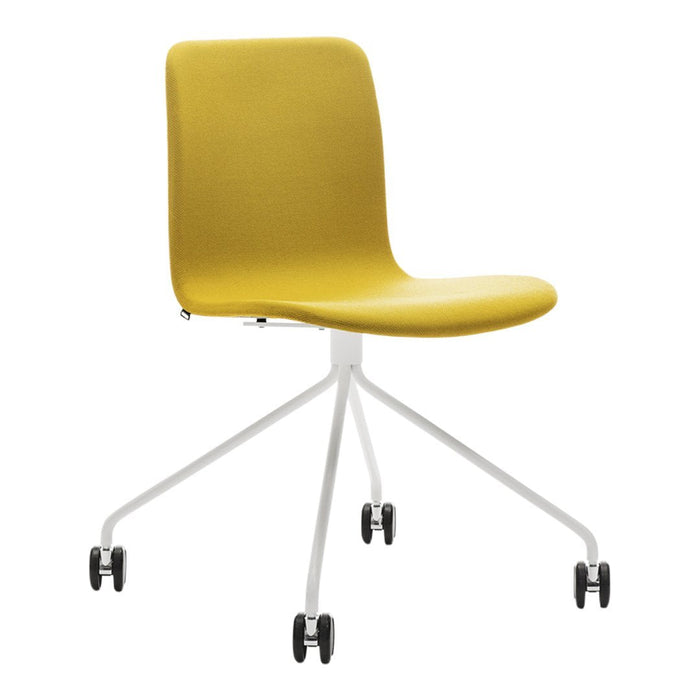 Yellow upholstered chair with a minimalist design and white metal base on rolling wheels. Perfect for modern spaces.