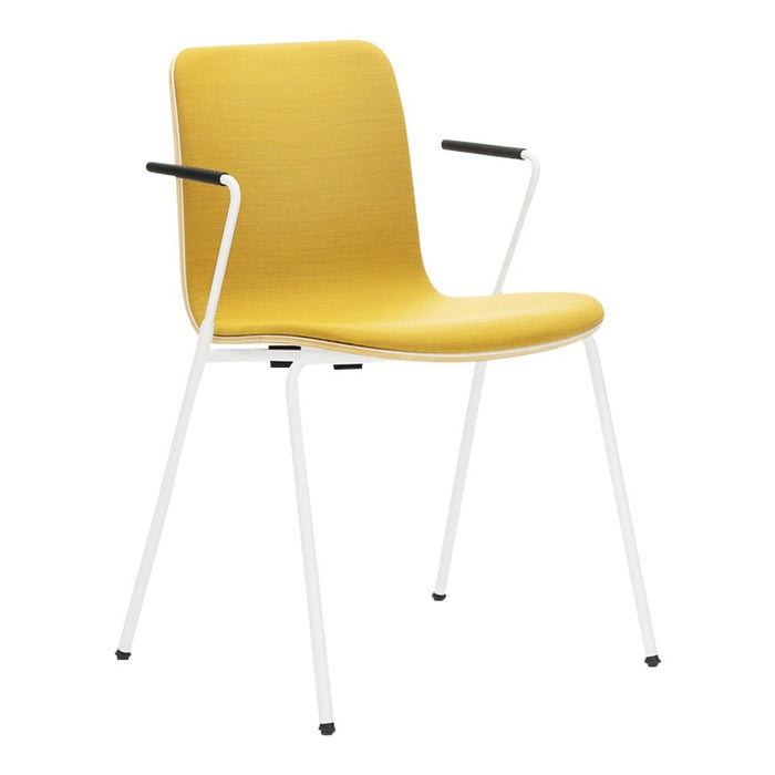 Yellow modern chair with a textured seat and sleek white metal legs, accented by black armrest details.