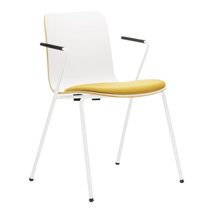 White chair with a yellow cushion and black armrests, featuring a sleek modern design and minimalist aesthetic.