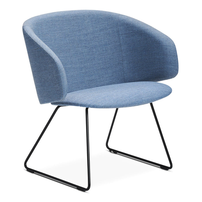 Soft blue fabric armchair with a smooth curved design and black metal legs, perfect for modern decor.