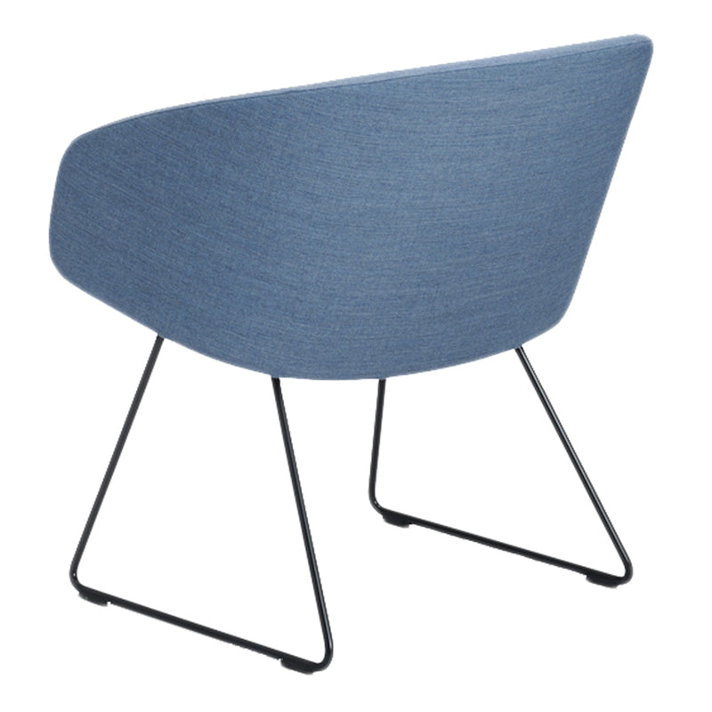 Light blue upholstered chair with a smooth texture and sleek black metal legs.