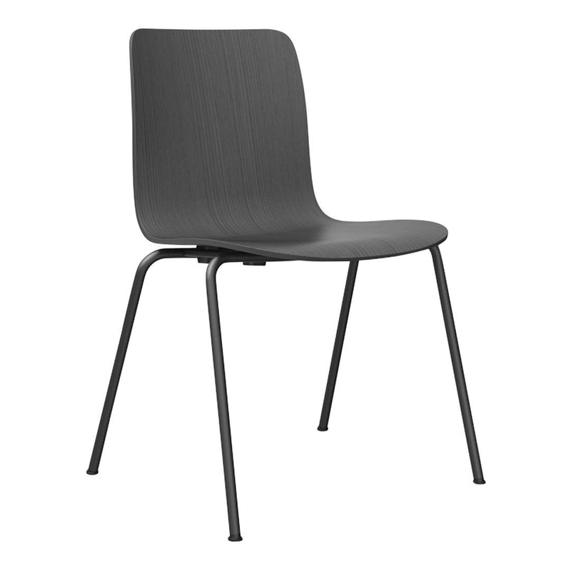 Sleek black dining chair with smooth wood-like seat and sturdy metal legs, perfect for modern decor.