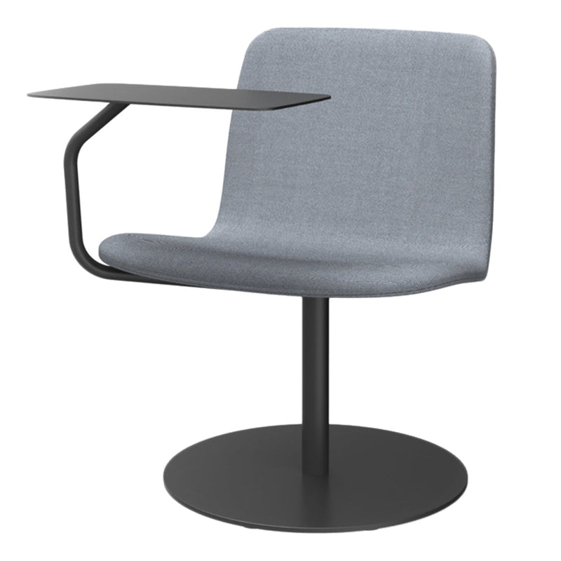 Gray upholstered chair with a sleek black metal base and integrated side table. Modern and stylish design.