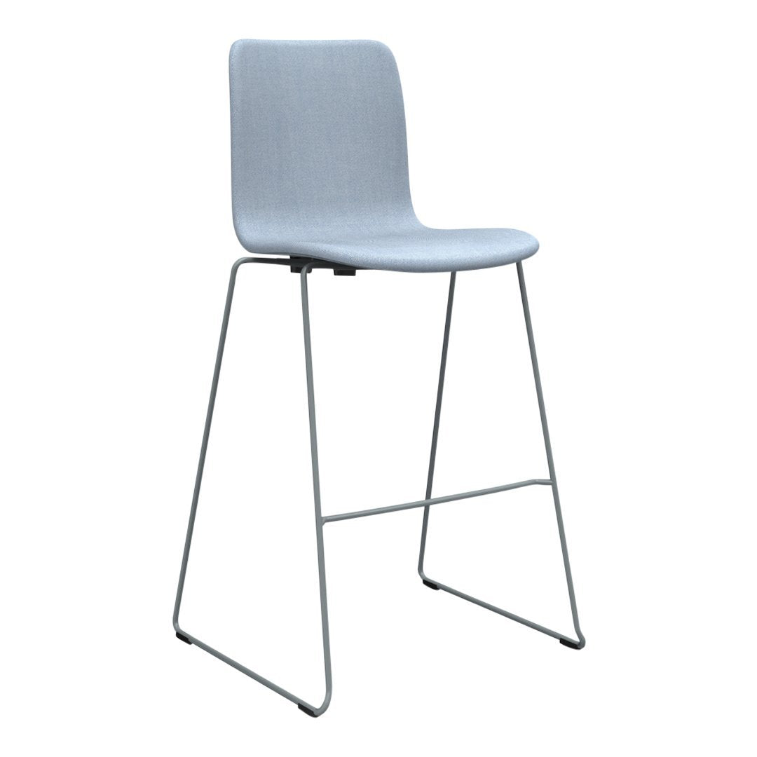 Light gray bar stool with a sleek, minimalist design and simple metal frame, perfect for modern decor.