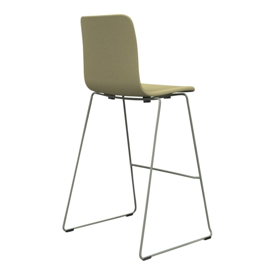 Olive green modern bar stool with minimalist design and sleek metal frame. Perfect for contemporary spaces.
