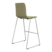 Olive green modern bar stool with minimalist design and sleek metal frame. Perfect for contemporary spaces.