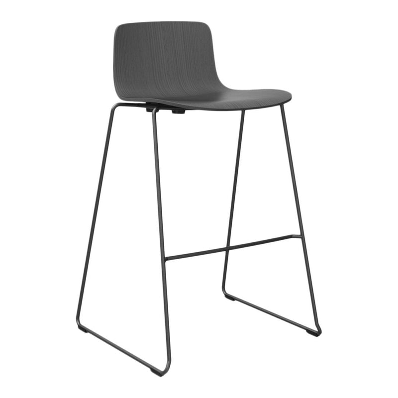 Gray bar stool with a sleek, minimalist design and a smooth, solid seat. Ideal for modern interiors.