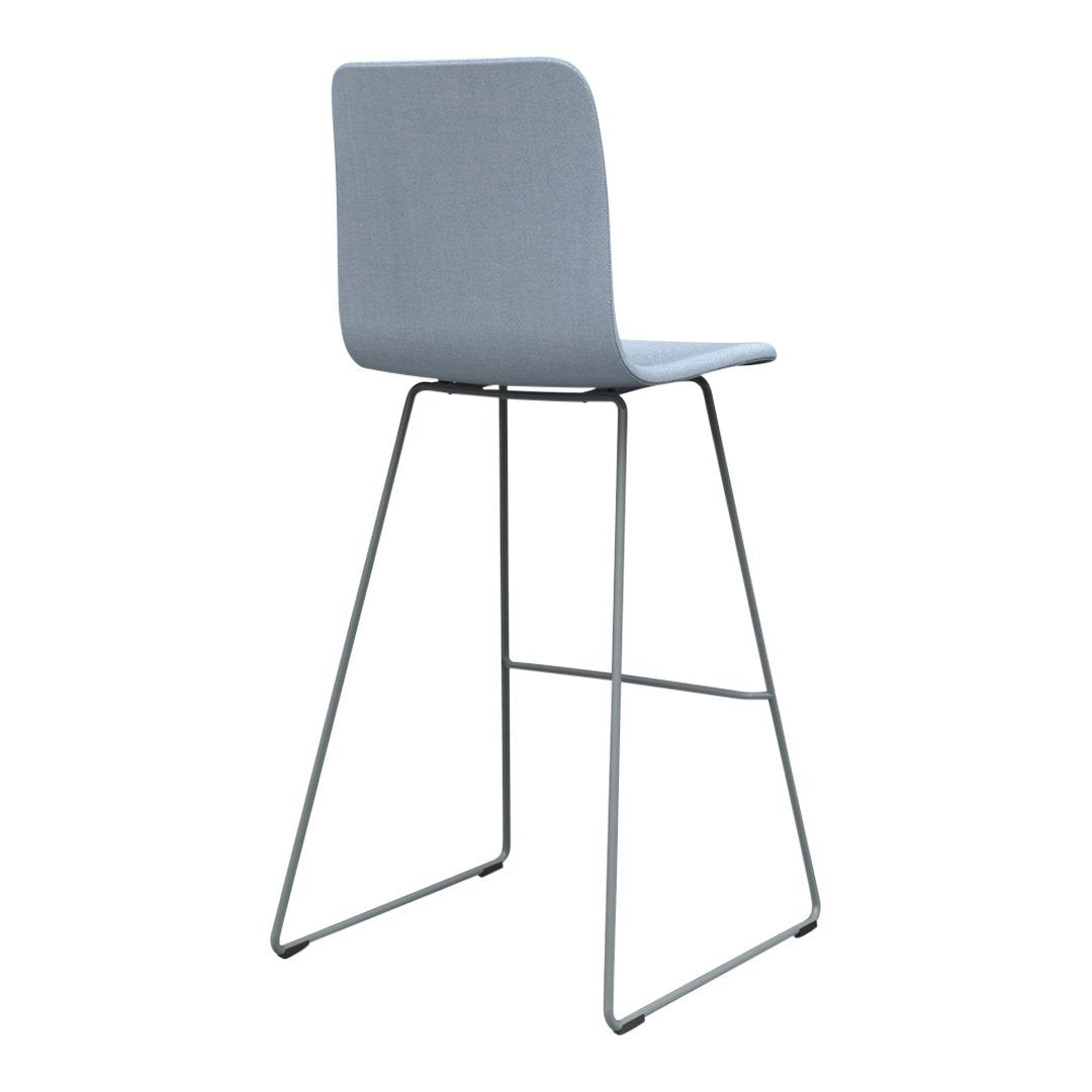 Light gray bar stool with a minimalist design and sleek metal legs, perfect for modern interiors.