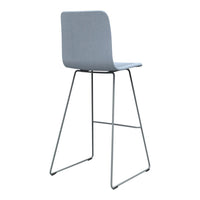 Light gray bar stool with a minimalist design and sleek metal legs, perfect for modern interiors.