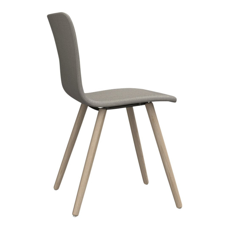 Gray upholstered chair with smooth lines and natural wood legs for a modern and minimalist aesthetic.