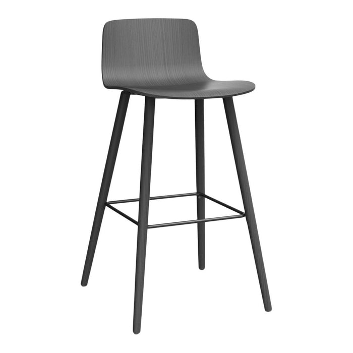 Gray wooden bar stool with a simple design and sleek black legs, perfect for modern decor.