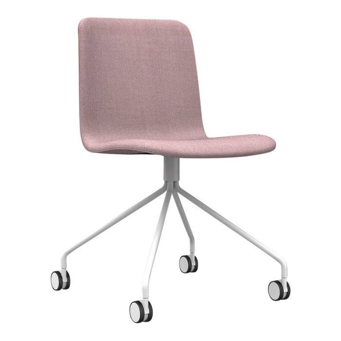 Soft pink fabric chair with a minimalist design and white metal base on wheels, perfect for modern spaces.