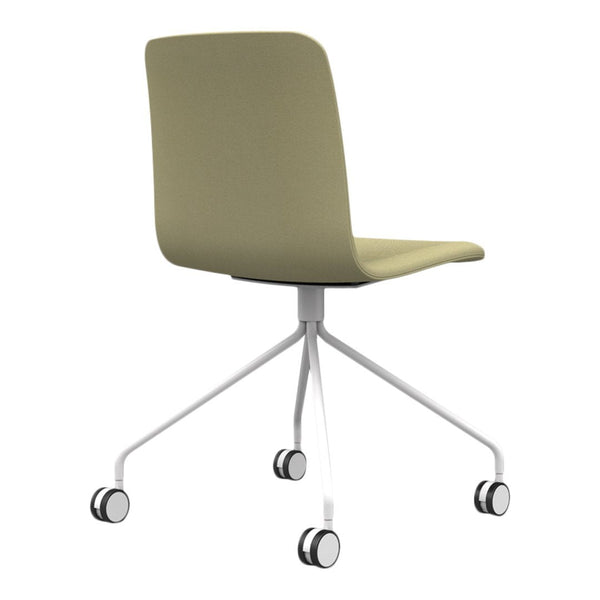 Olive green office chair with a minimalist design, featuring a smooth fabric seat and white wheeled base.
