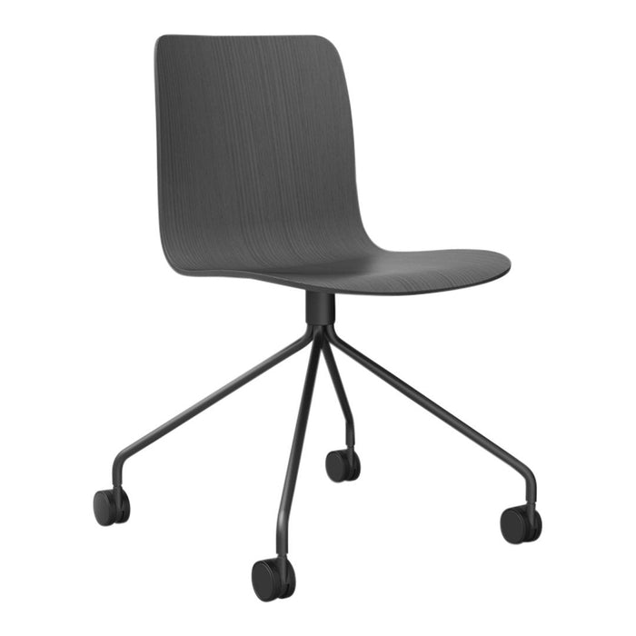 Sleek black rolling chair with a minimalist design and smooth, rounded seat and backrest. Ideal for modern interiors.