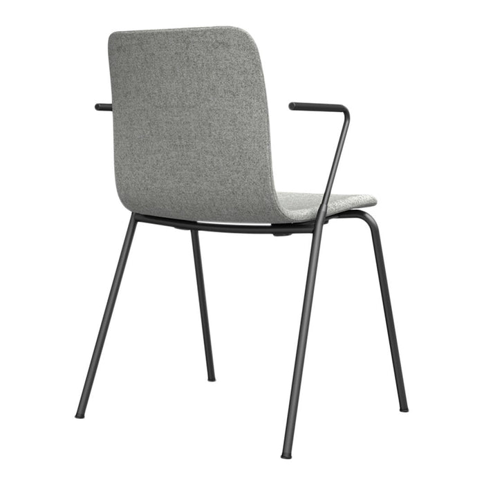 Gray upholstered chair with a minimalist design and black metal frame, showcasing a sleek, modern aesthetic.
