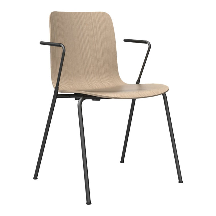 Light wood chair with a smooth finish and sleek black metal frame, featuring minimalist design and no visible patterns.