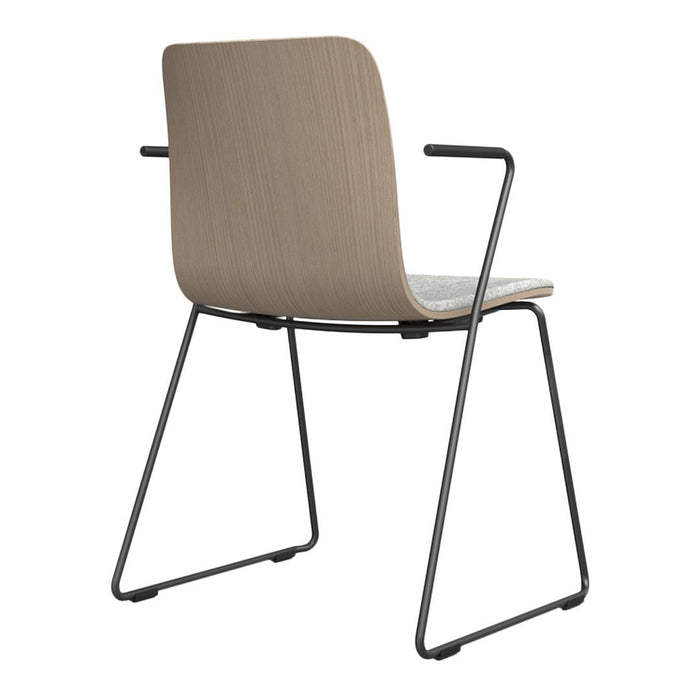 Light wooden chair with minimalistic design and black metal legs, featuring a smooth finish and no additional patterns.