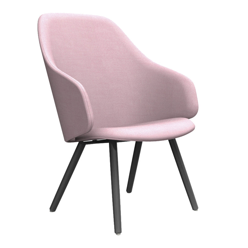 Soft pink upholstered chair with minimalistic design and black legs, perfect for modern decor.