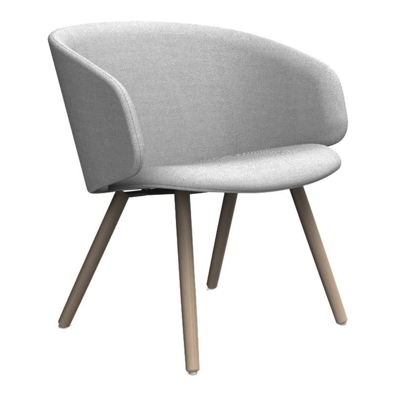 Light gray fabric chair with a smooth, curved design and natural wood legs, perfect for modern décor.