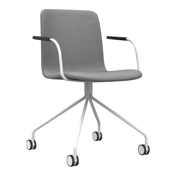 Gray upholstered chair with a minimalist design and contrasting black armrests on a white metal base with wheels.