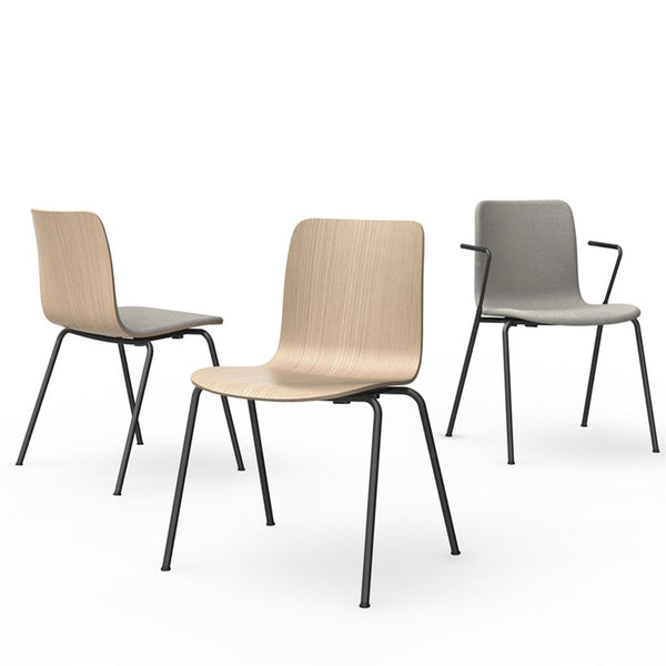 "Three modern chairs in light wood, gray, and black, featuring sleek, minimalist designs with smooth finishes."