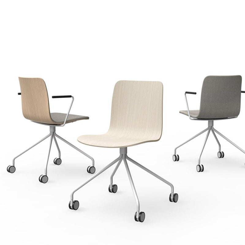 Three modern office chairs in beige, light cream, and dark gray with sleek designs and swivel bases.