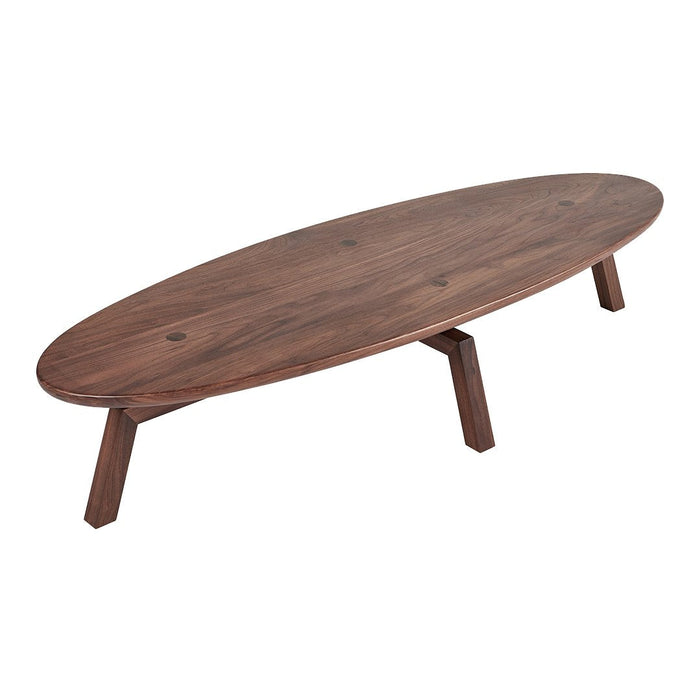 Sleek oval coffee table in rich walnut finish with a smooth surface and natural wood grain pattern. Perfect for modern decor.