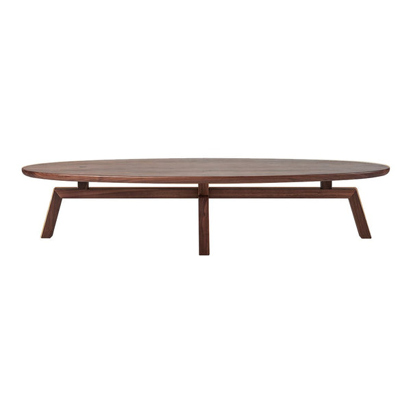 Brown oval coffee table with a smooth wooden surface and minimalist design, featuring sturdy angled legs.