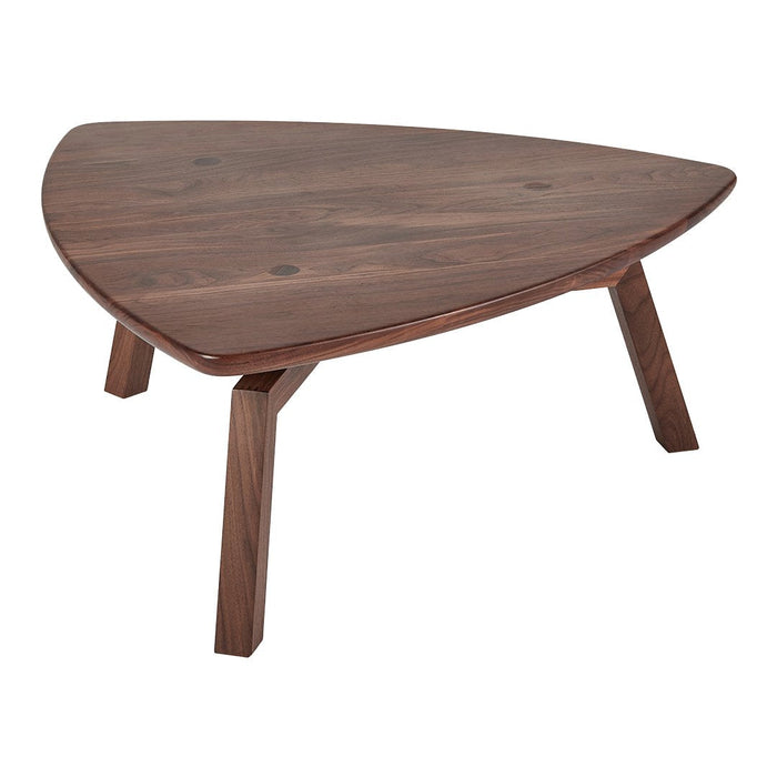 Triangular walnut coffee table with smooth, rich brown finish and minimalistic design. Ideal for modern decor.