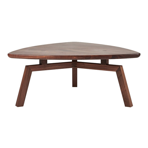 "Triangle-shaped wooden coffee table in rich walnut color with a smooth, natural finish and sleek angled legs."