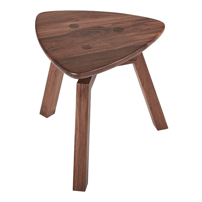 Triangle-shaped wooden stool in rich walnut finish with subtle grain patterns and a smooth surface.