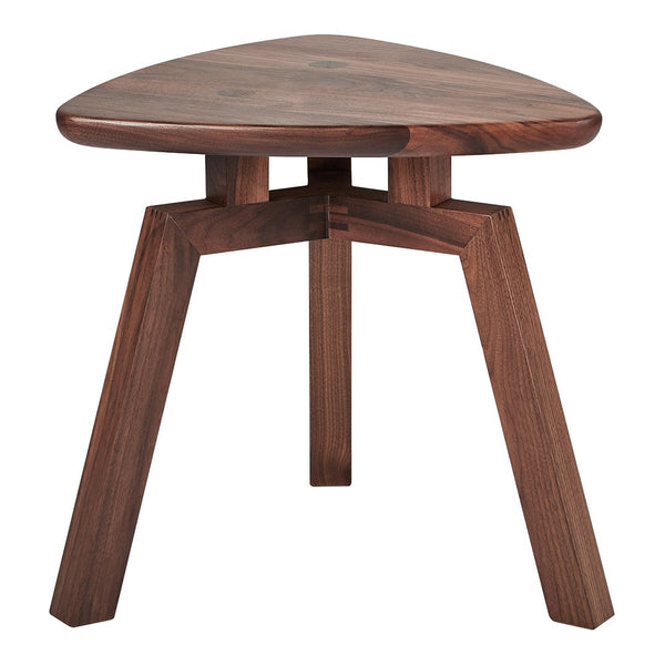 Walnut wood triangle side table with a smooth, rich brown finish and minimalistic, sturdy design.