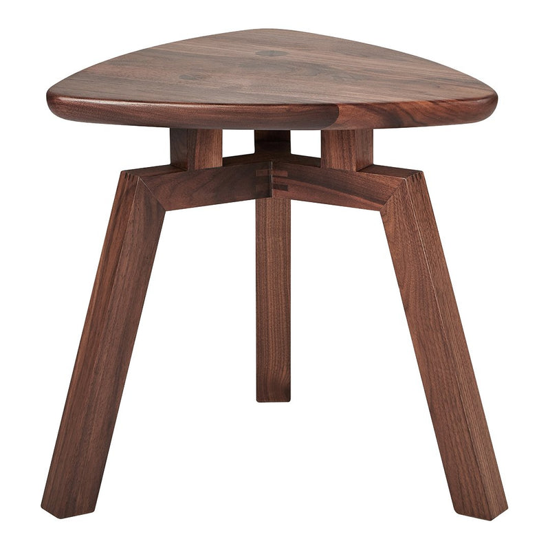 Walnut wood triangle side table with a smooth, rich brown finish and minimalistic, sturdy design.