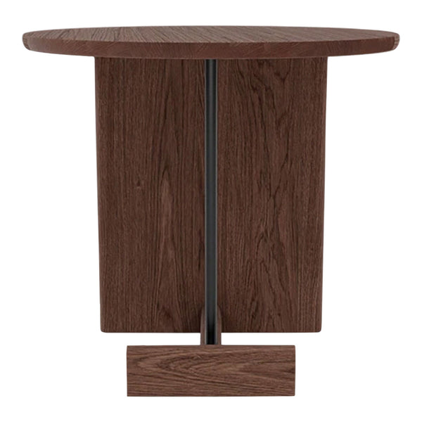Brown round table with a wood grain pattern and a sleek black metal accent. Modern minimalist design.