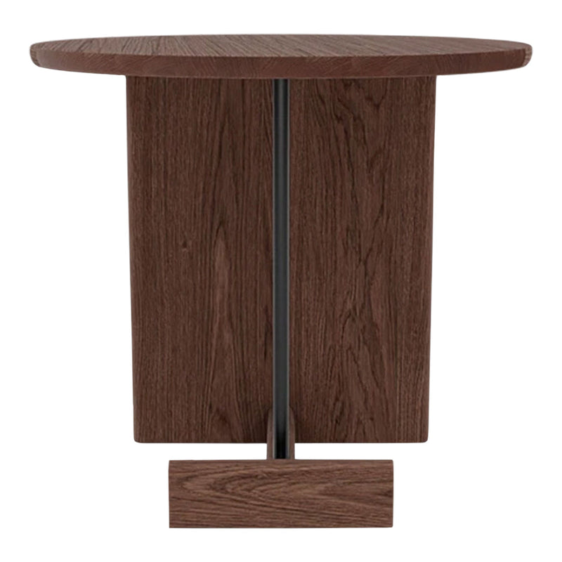 Brown round table with a wood grain pattern and a sleek black metal accent. Modern minimalist design.