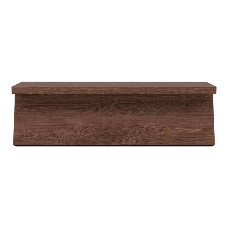 "Solid walnut wood storage bench with a smooth, rich brown finish and sleek, minimalist design."