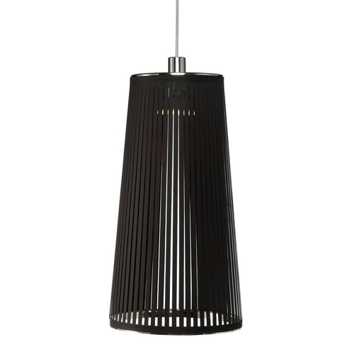 Black ribbed pendant lamp with a sleek, modern design, featuring a shiny metallic top. Perfect for contemporary decor.