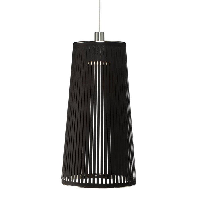 Black ribbed pendant lamp with a sleek, modern design, featuring a shiny metallic top. Perfect for contemporary decor.