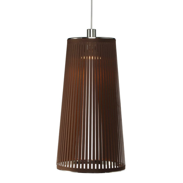 Brown striped pendant lamp with a sleek, modern design and metallic accents. Perfect for contemporary decor.