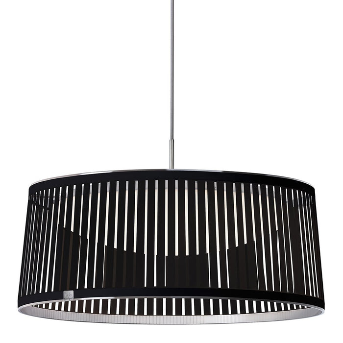 Black pendant lamp with vertical slats and a sleek modern design, creating a stylish contrast with light and shadow.