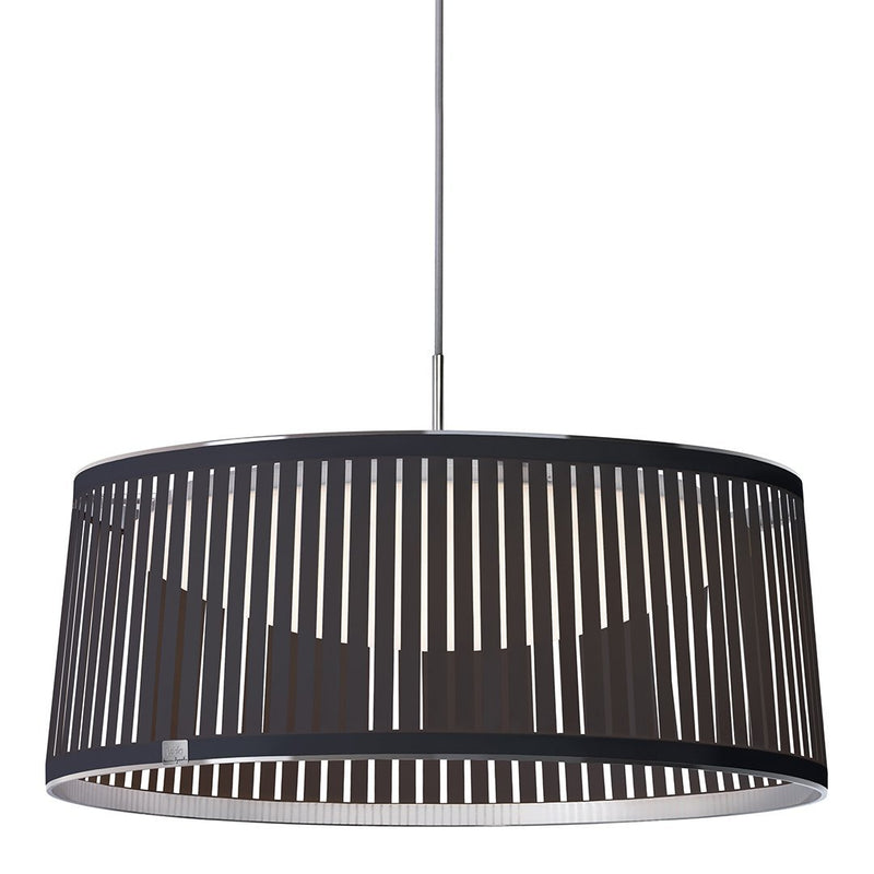 Black striped pendant lamp with a sleek, modern design and silver accents, perfect for contemporary interiors.