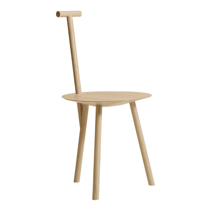 Light wood chair with minimalist design, featuring smooth round seat and straight, slender legs.