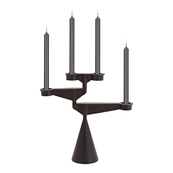 Stylish black candle holder with four dark gray candles, featuring a modern geometric design.