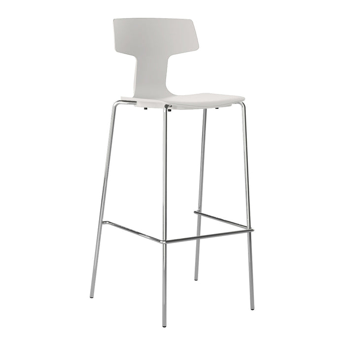 White modern bar stool with a sleek chrome frame, featuring a minimalist design and smooth, clean lines.