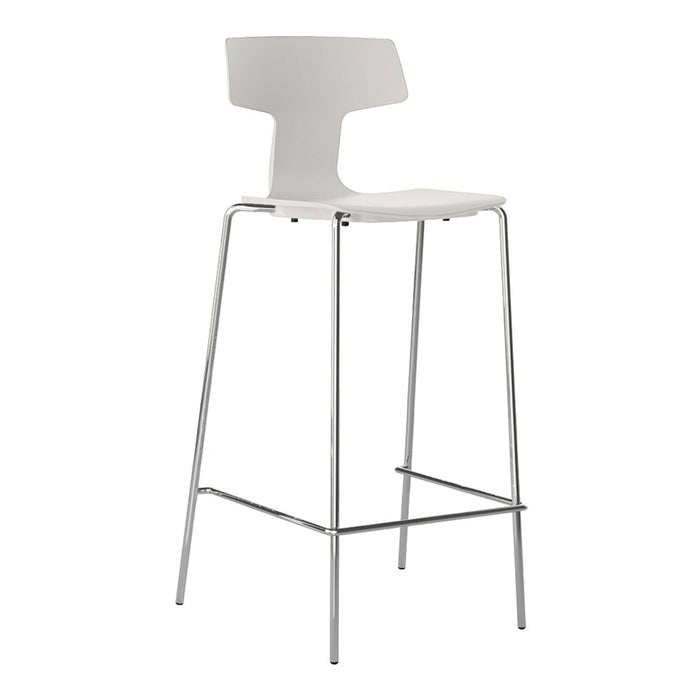 White bar stool with a minimalist design featuring a smooth finish and shiny chrome legs. Ideal for modern spaces.